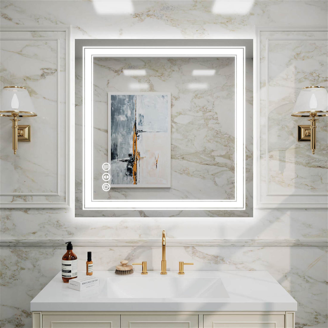 Frameless square LED bathroom mirror with double light strip and left-side touch controls