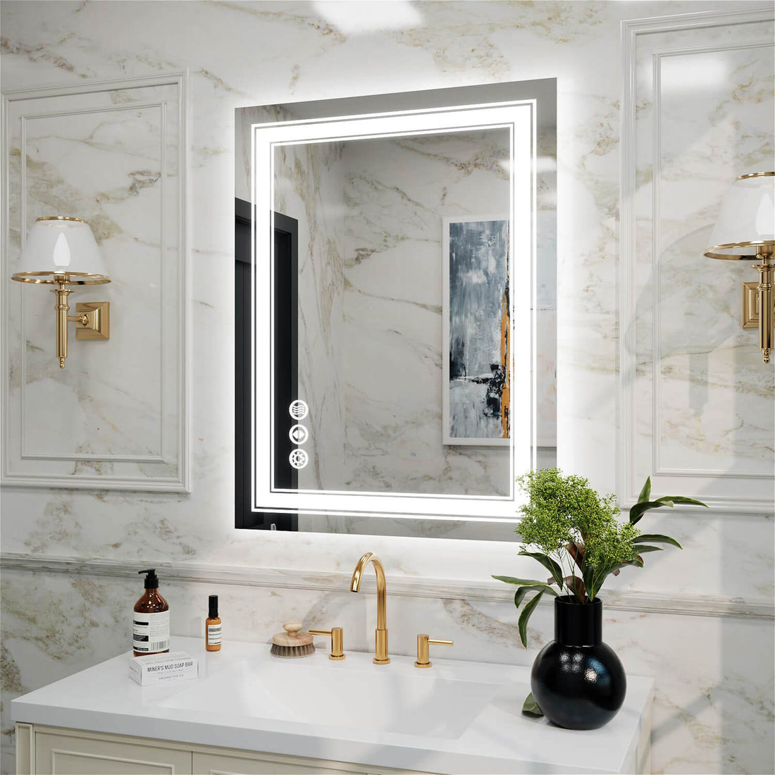 Frameless vertical rectangular LED bathroom mirror with double light strip and anti-fog function