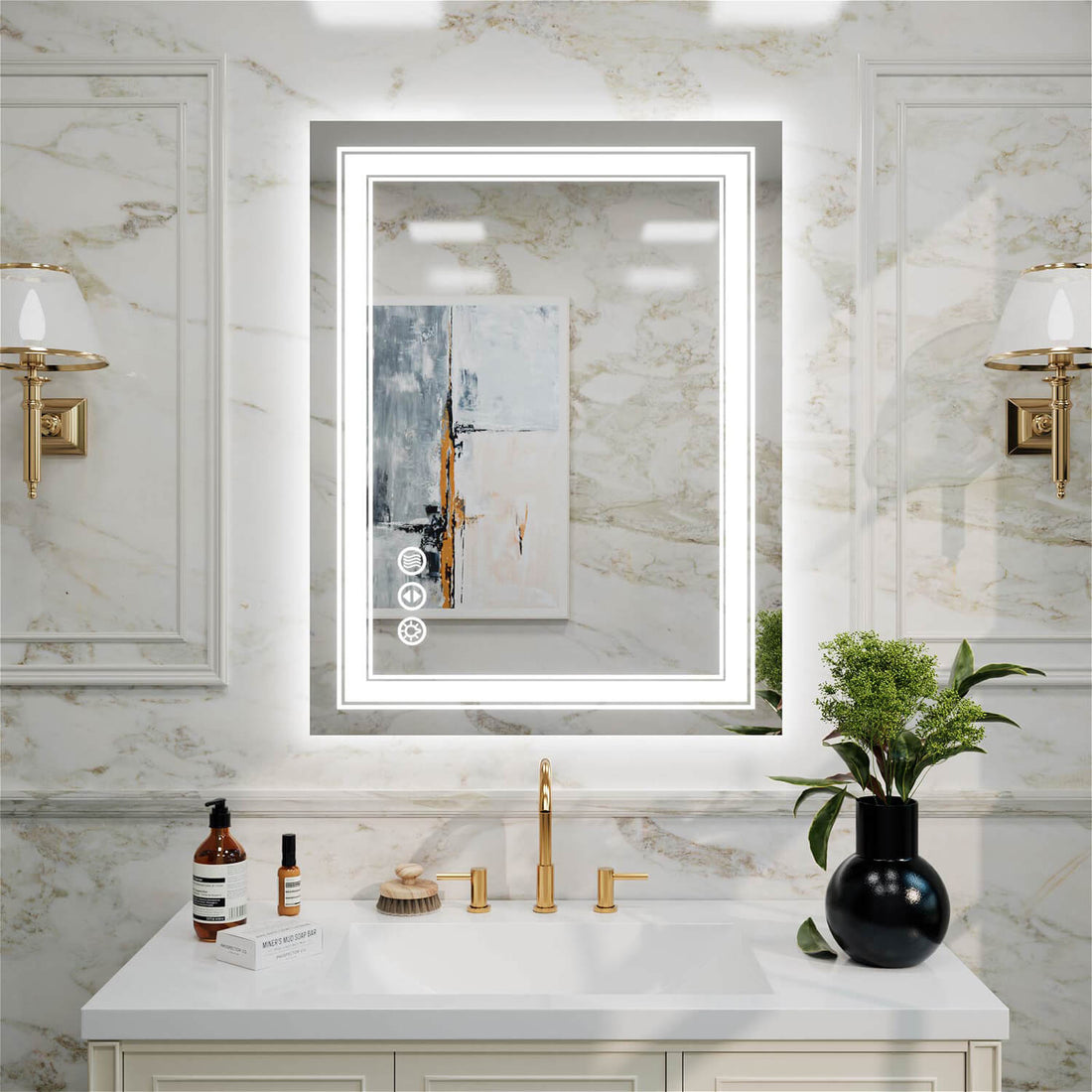 Frameless vertical rectangular LED bathroom mirror with double light strip and left-side touch controls