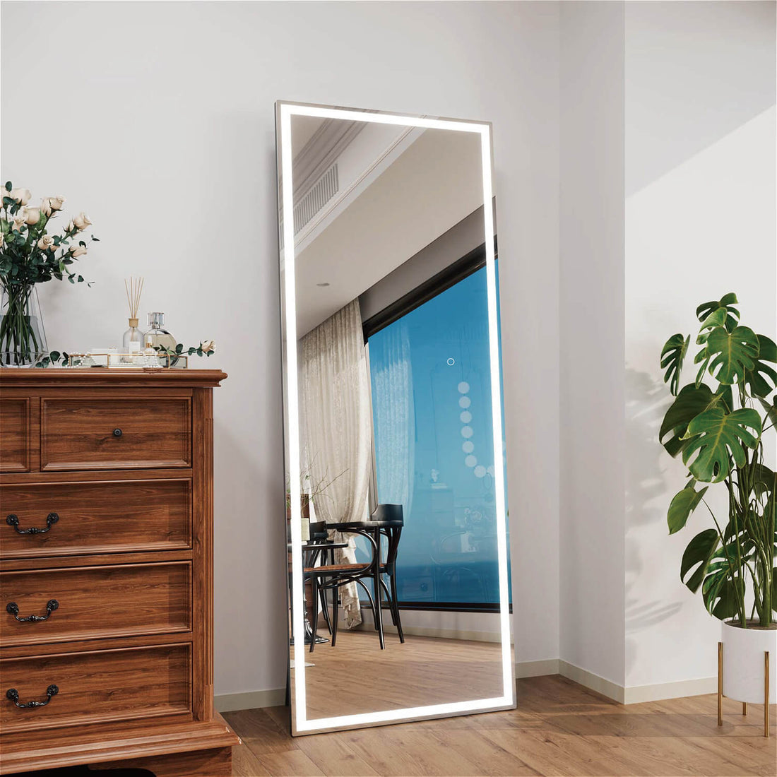 Freestanding LED full length mirror with bright edge illumination and wide frame