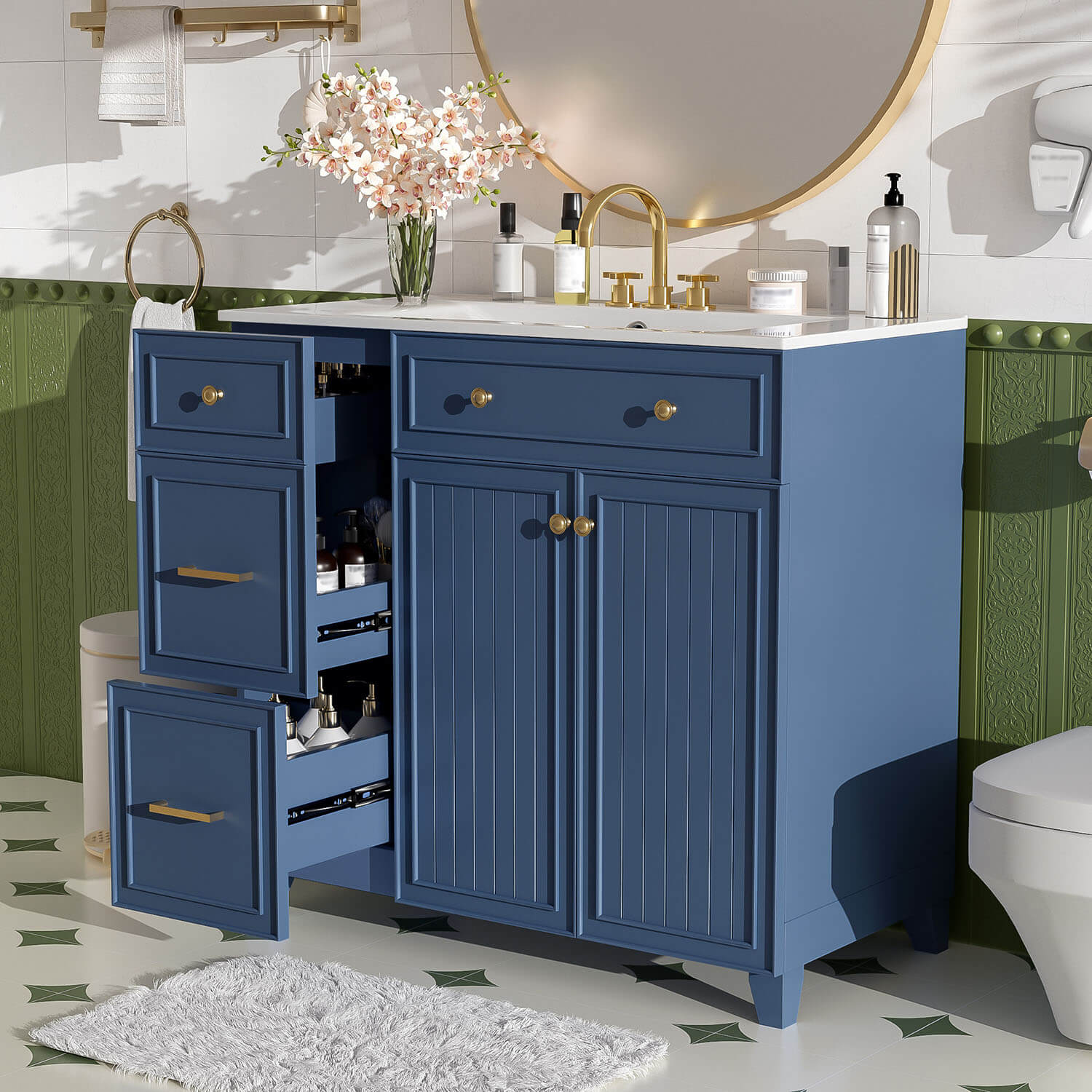 Freestanding bathroom vanity with ceramic sink and storage space