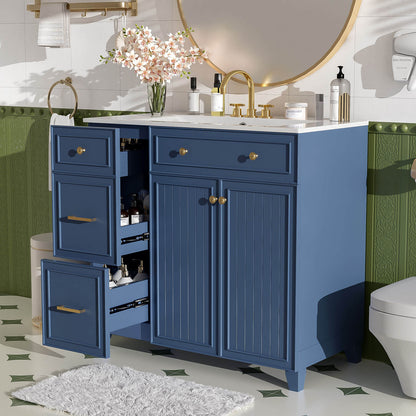 Freestanding bathroom vanity with ceramic sink and storage space
