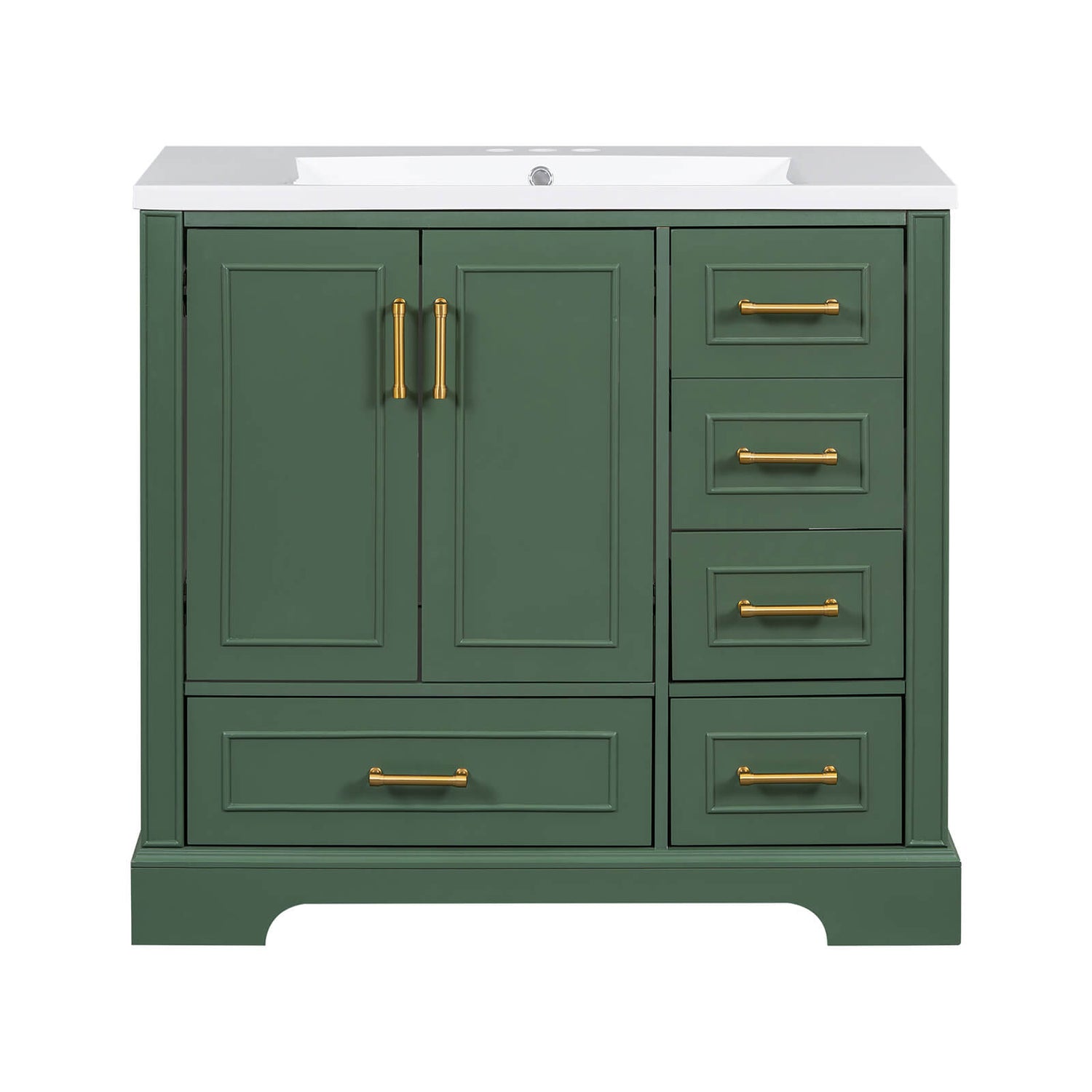 Freestanding bathroom vanity with gold handles and green finish
