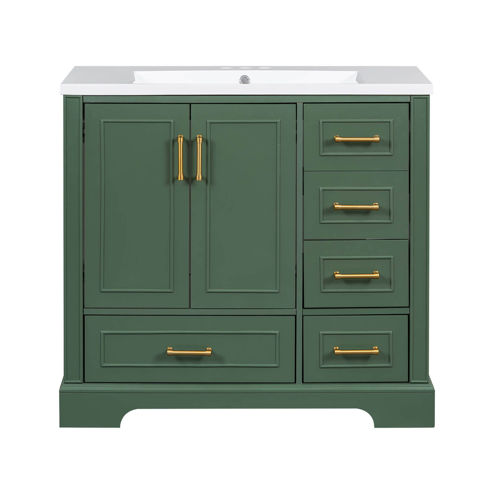 Freestanding bathroom vanity with gold handles and green finish