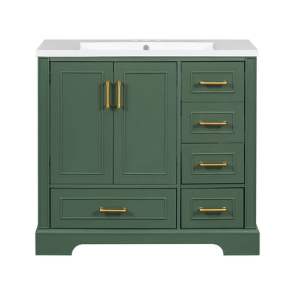 Freestanding bathroom vanity with gold handles and green finish