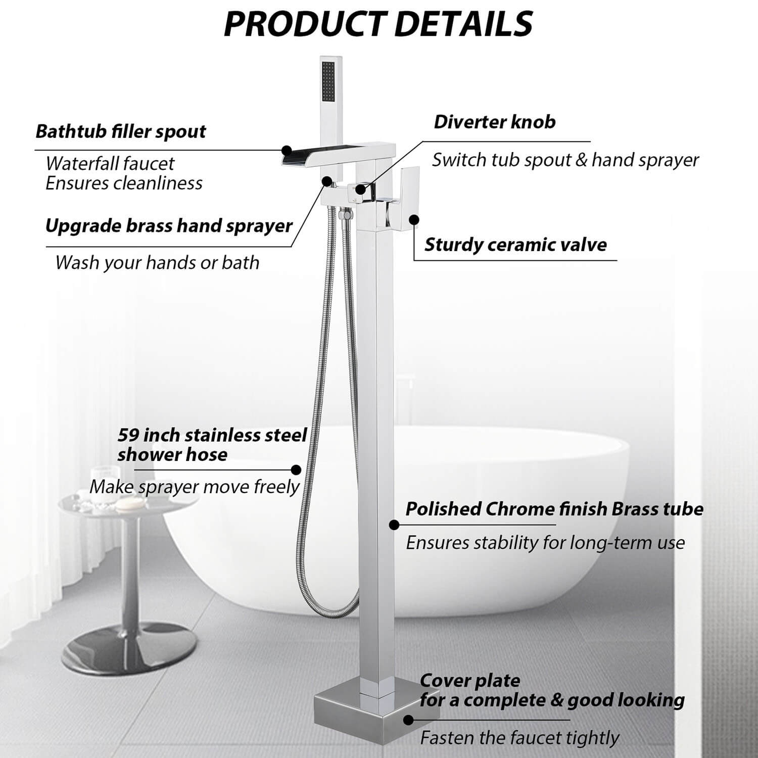 Freestanding bathtub faucet with hand shower and brass body