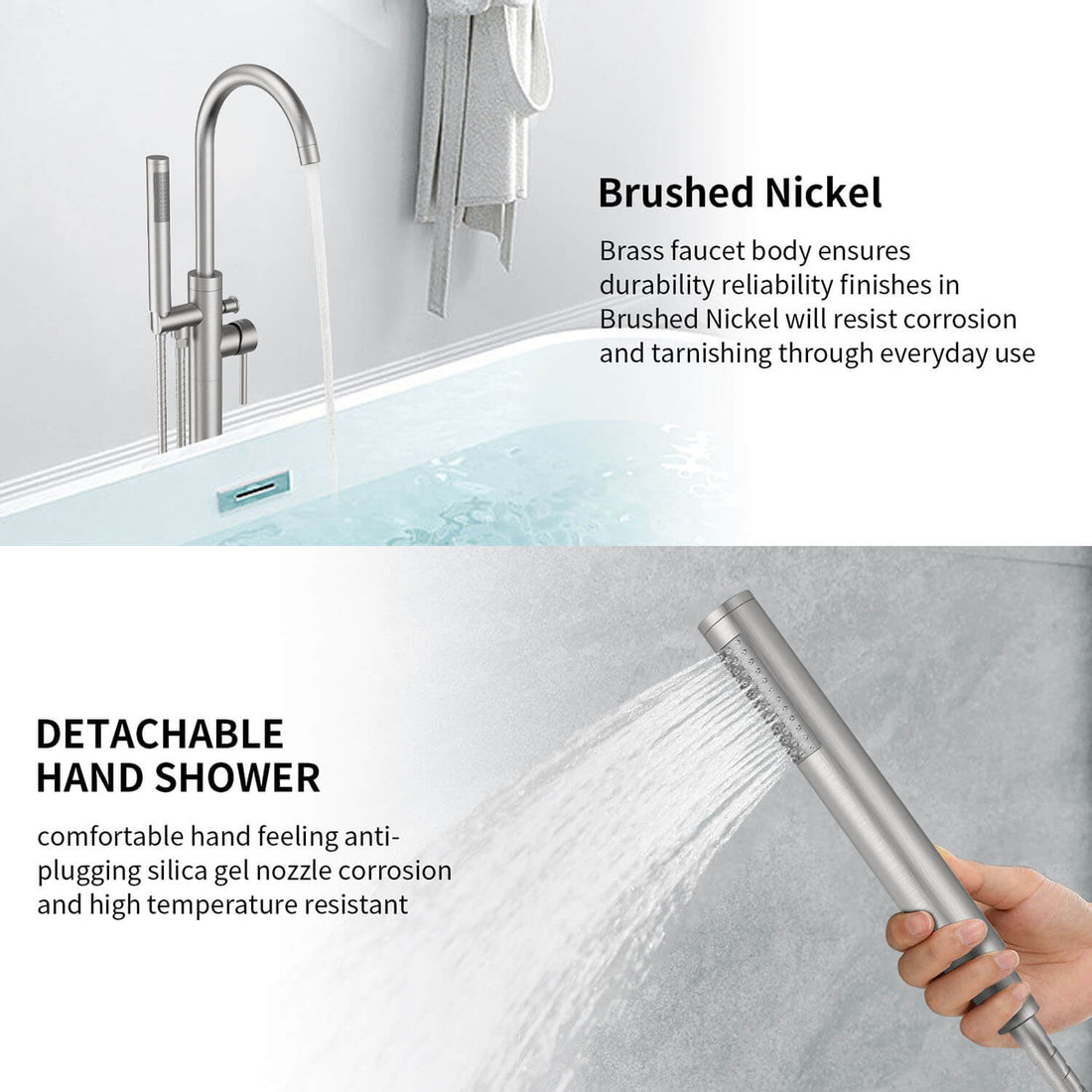 Freestanding bathtub faucet with solid brass body and hand shower