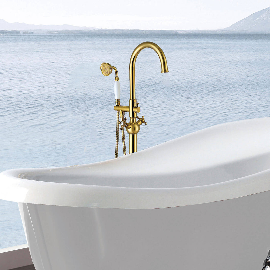 Freestanding bathtub faucet with swivel spout and hand shower set