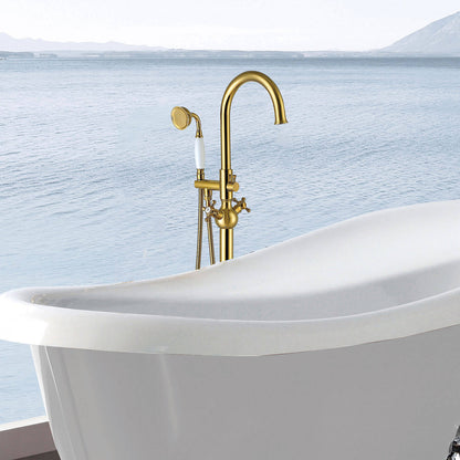 Freestanding bathtub faucet with swivel spout and hand shower set