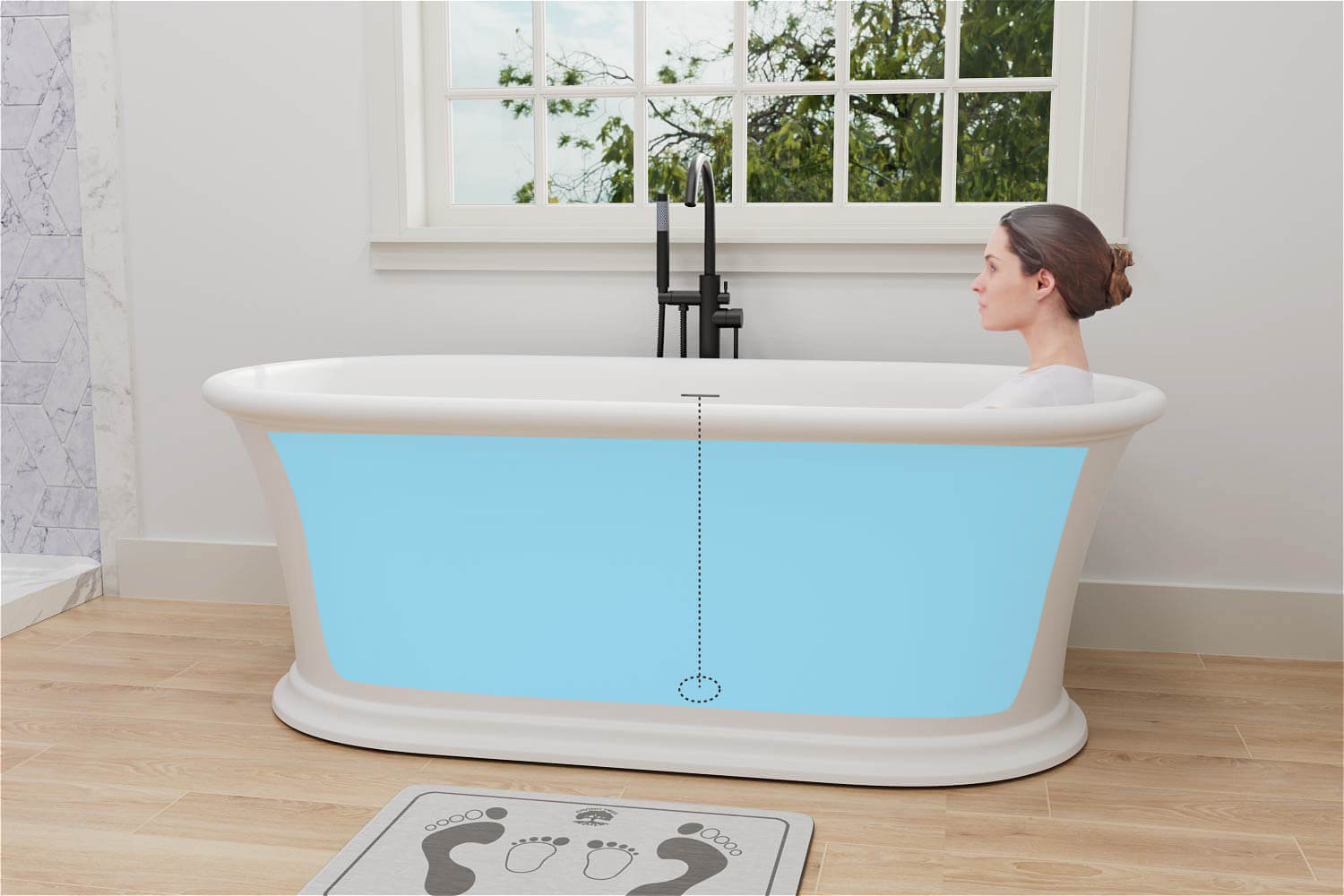Freestanding bathtub immersion depth demonstration diagram