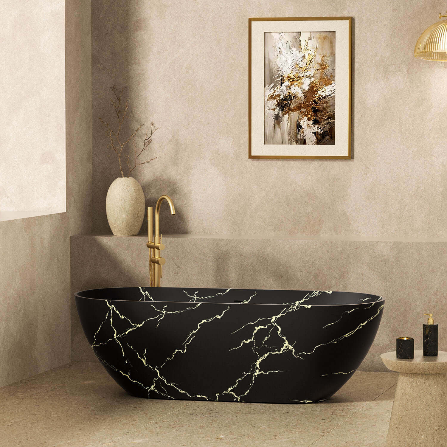 Freestanding black bathtub with deep soaking interior space