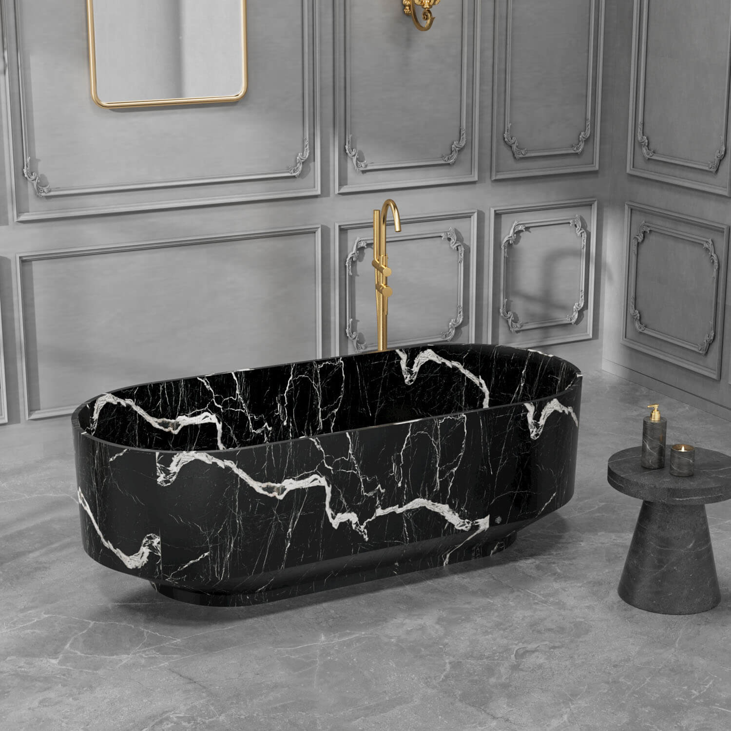 Freestanding black bathtub with smooth stone resin finish