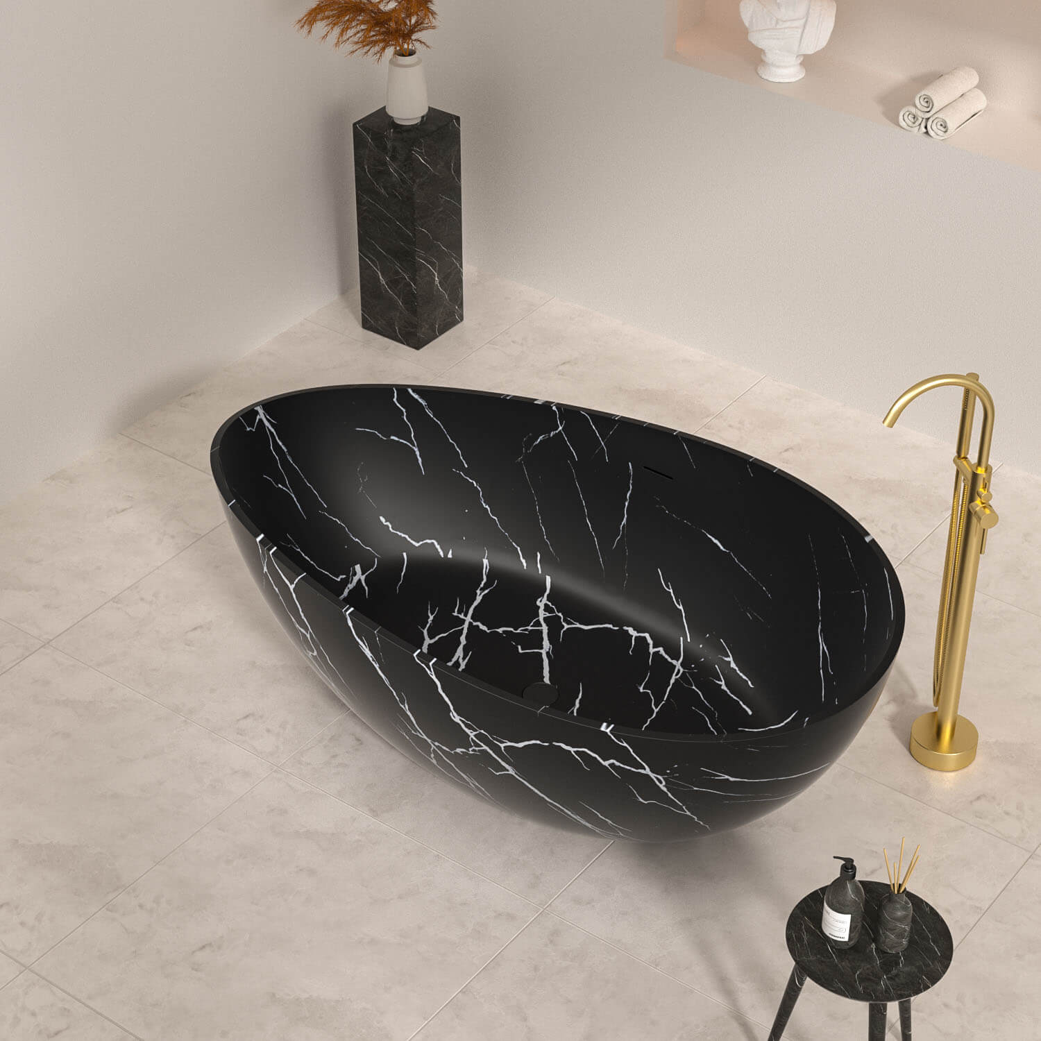 Freestanding luxury black bathtub with elegant marble veining