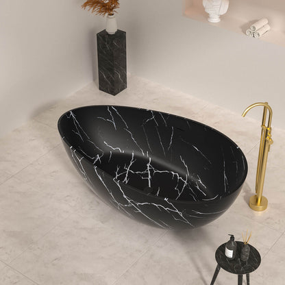 Freestanding luxury black bathtub with elegant marble veining
