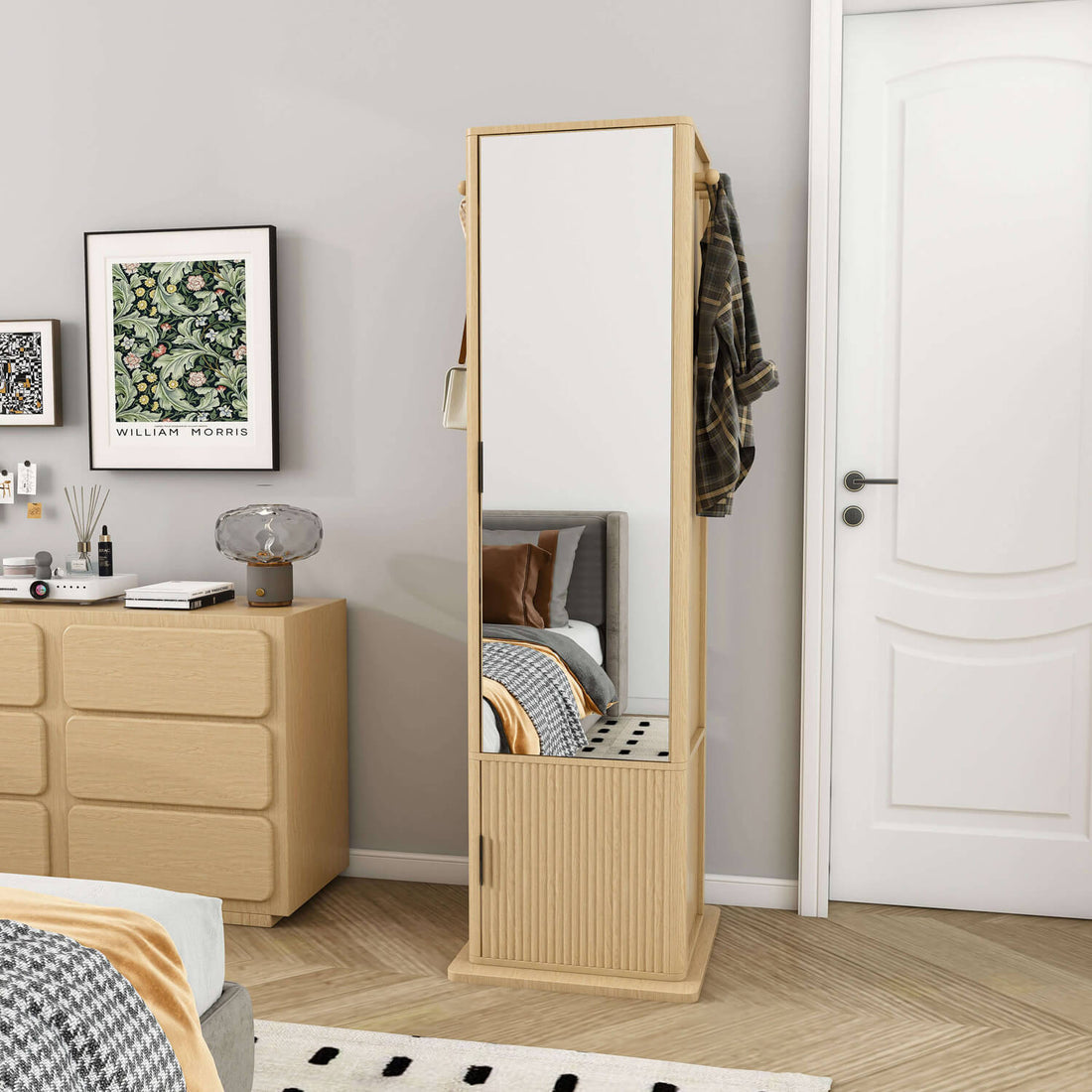 Freestanding rotating mirror cabinet for bedroom entryway