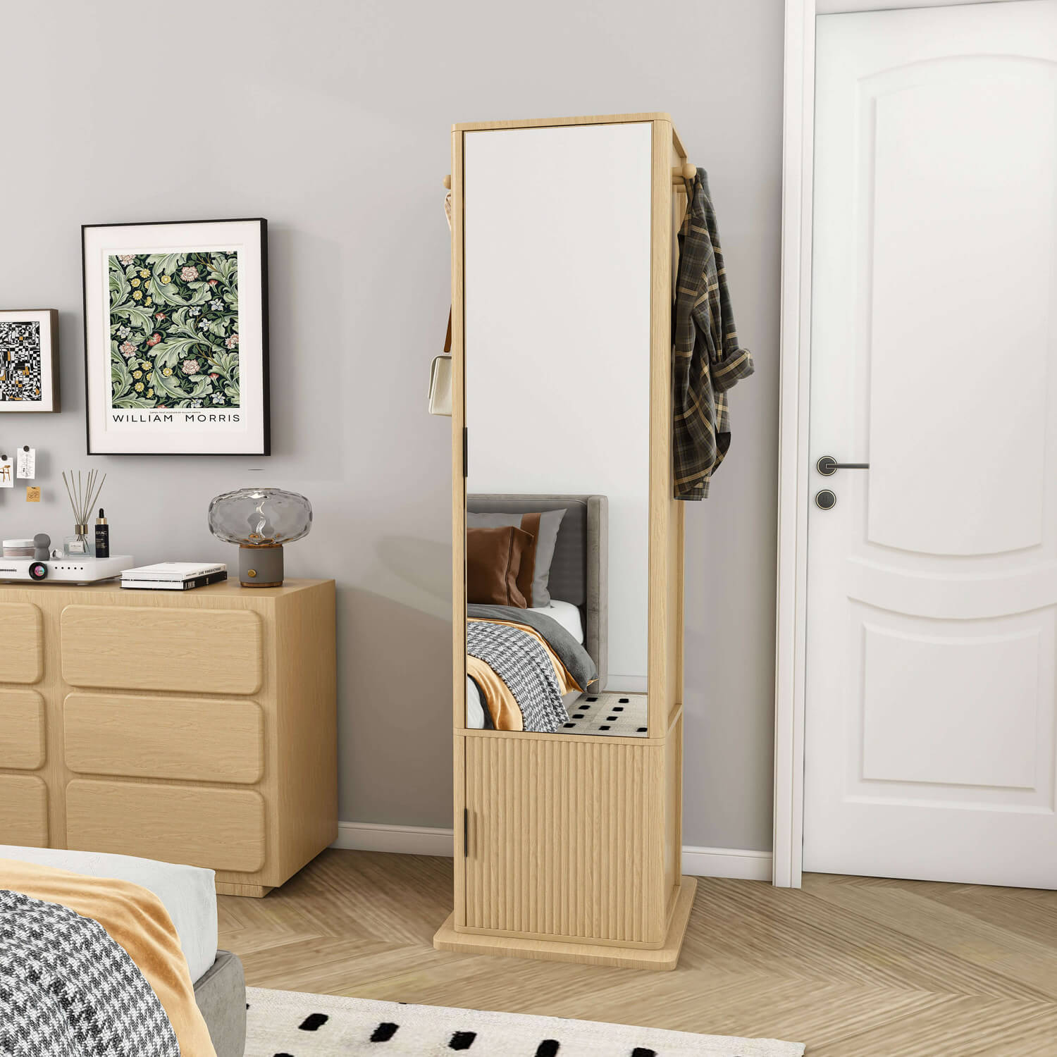 Freestanding rotating mirror cabinet for bedroom entryway