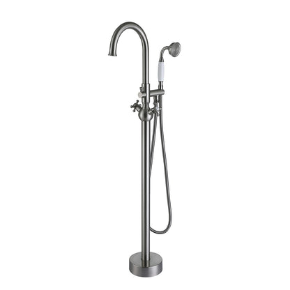 Freestanding tub filler brushed nickel with double handles and hand shower