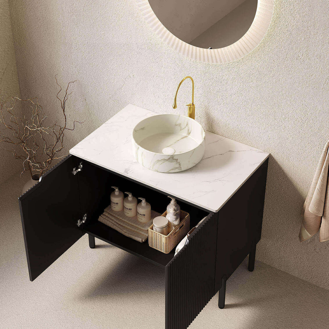 Freestanding vanity cabinet black finish with storage