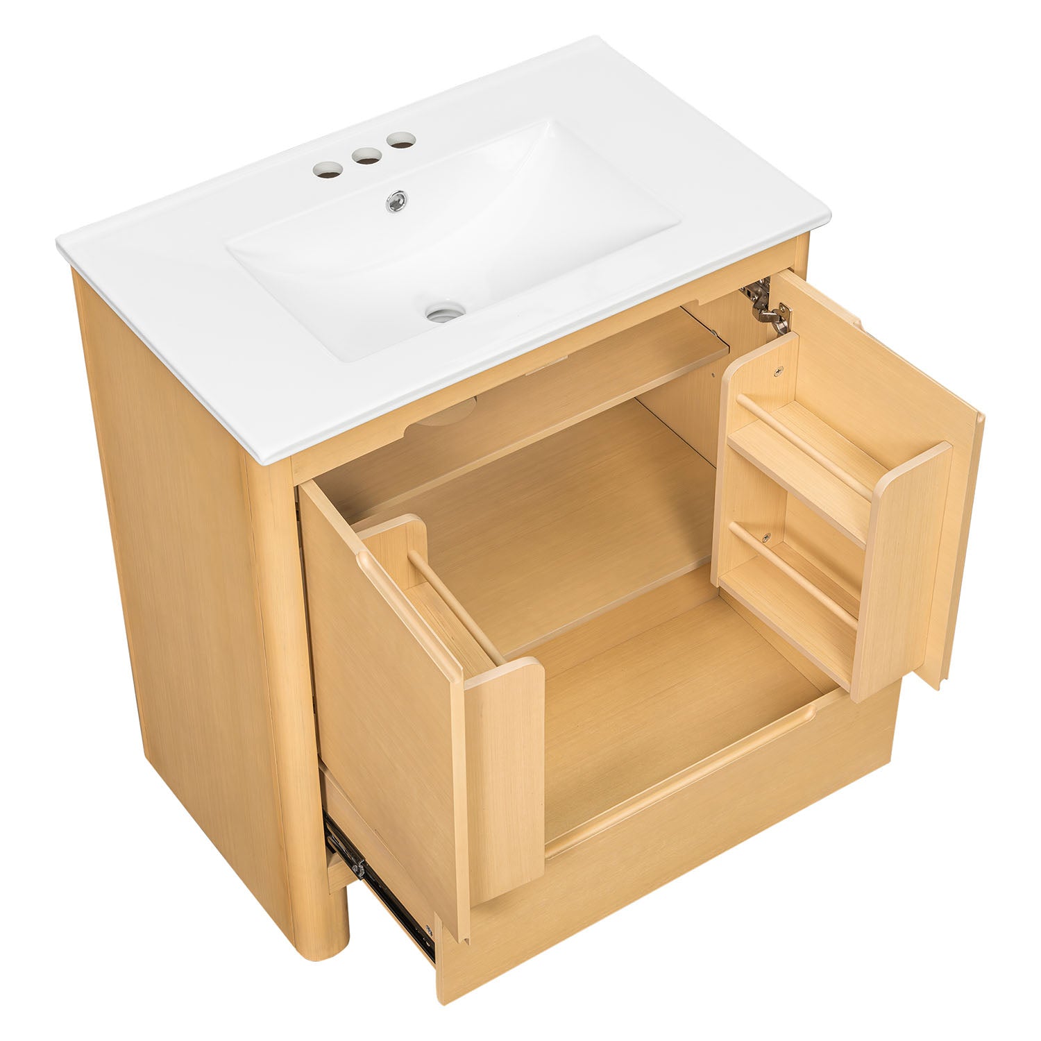 Freestanding vanity cabinet with organized bathroom storage layout