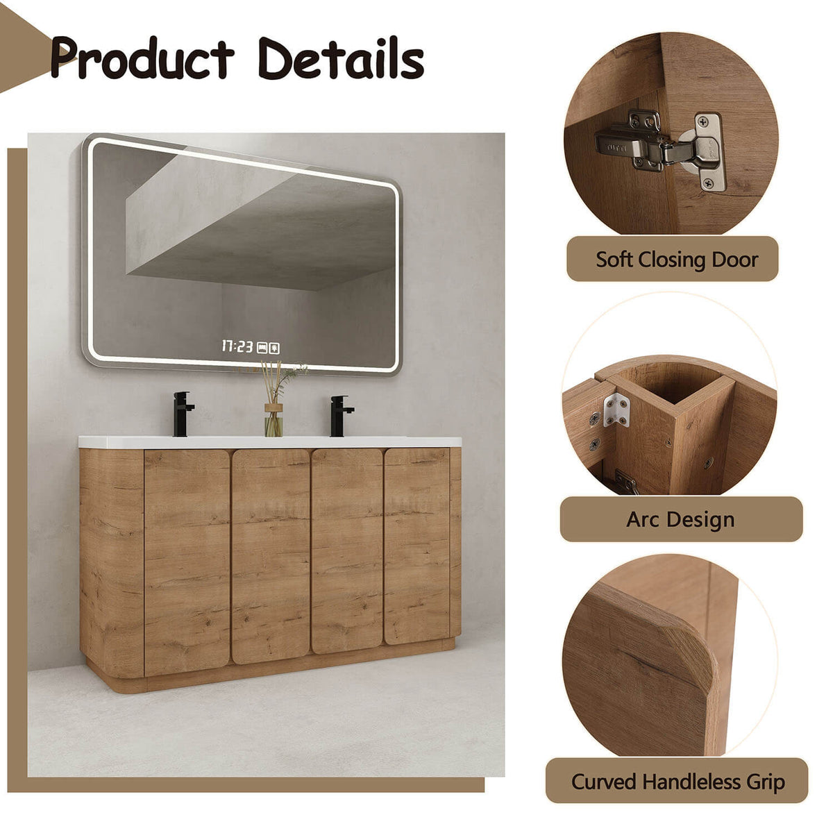 Freestanding white oak vanity with rounded corners and integrated 45 degree handles