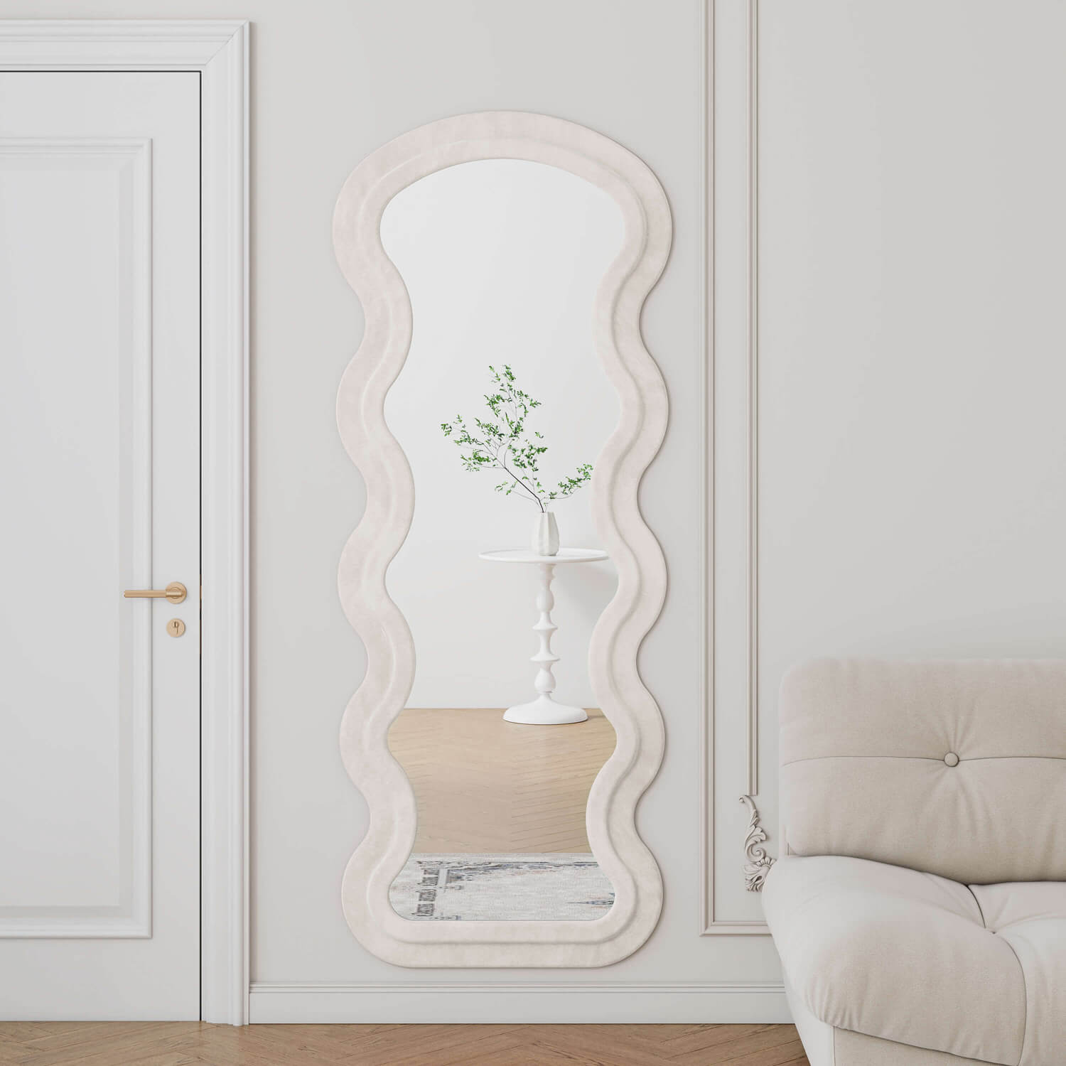 French style white wavy flannel mirror by entryway door
