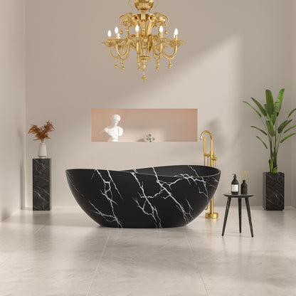 Front view black freestanding bathtub with marble pattern