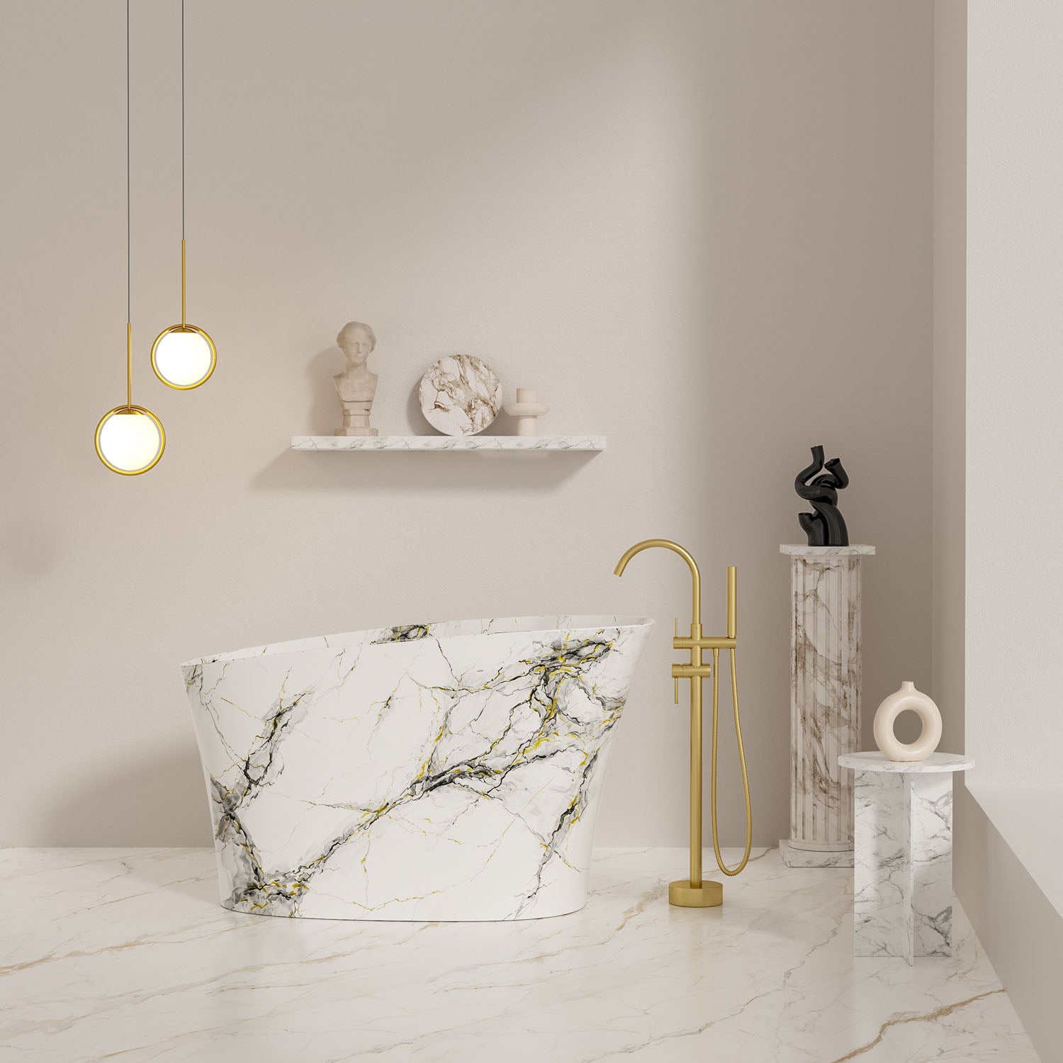 Front view of 51" small soaking bathtub with marble pattern design