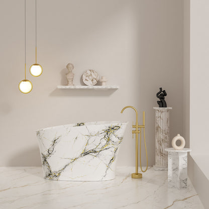 Front view of 51" small soaking bathtub with marble pattern design
