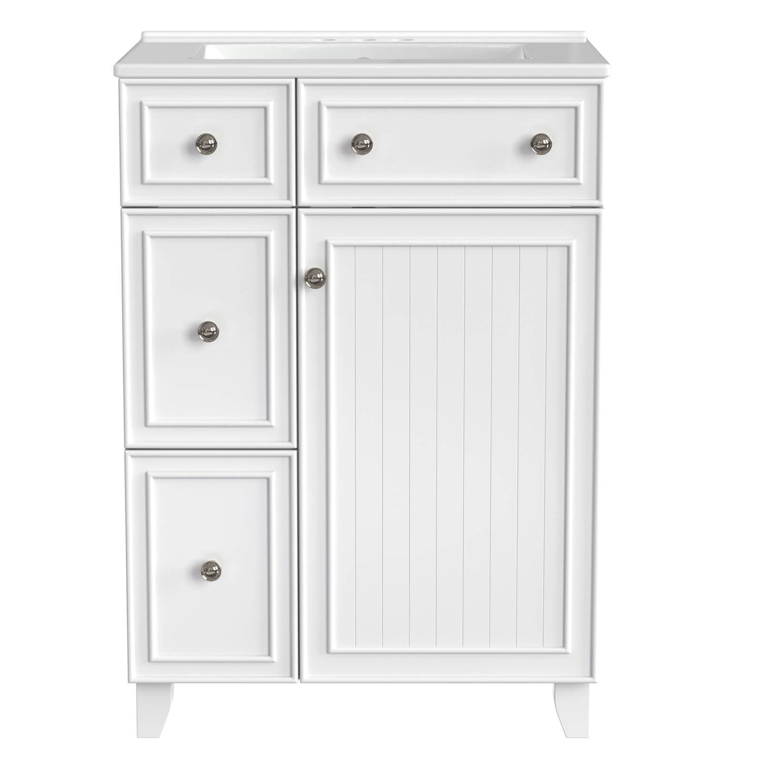 Front view of the 24-Inch White Bathroom Vanity with silver handles and two drawers
