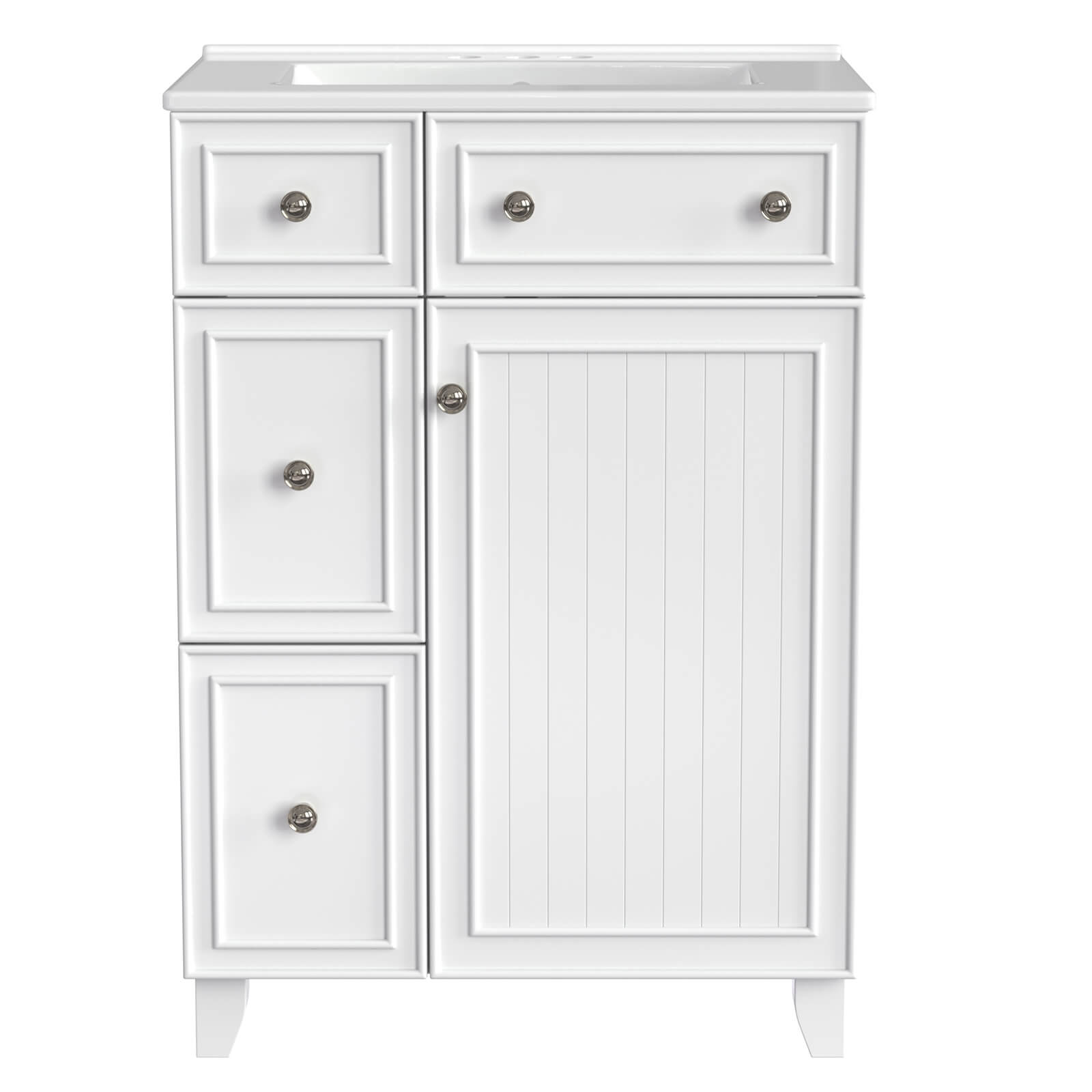 Front view of the 24-Inch White Bathroom Vanity with silver handles and two drawers