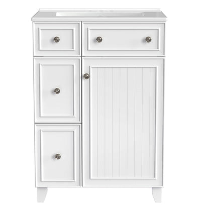 Front view of the 24-Inch White Bathroom Vanity with silver handles and two drawers