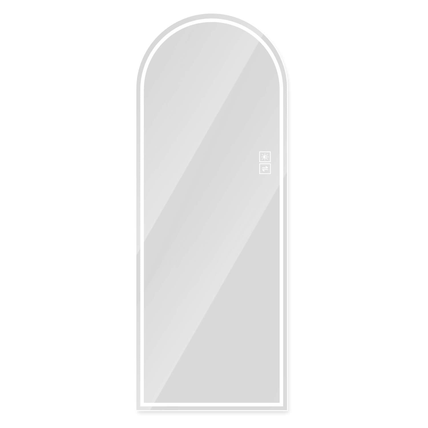 Front view of white framed arched LED mirror