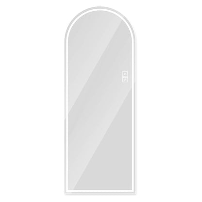 Front view of white framed arched LED mirror
