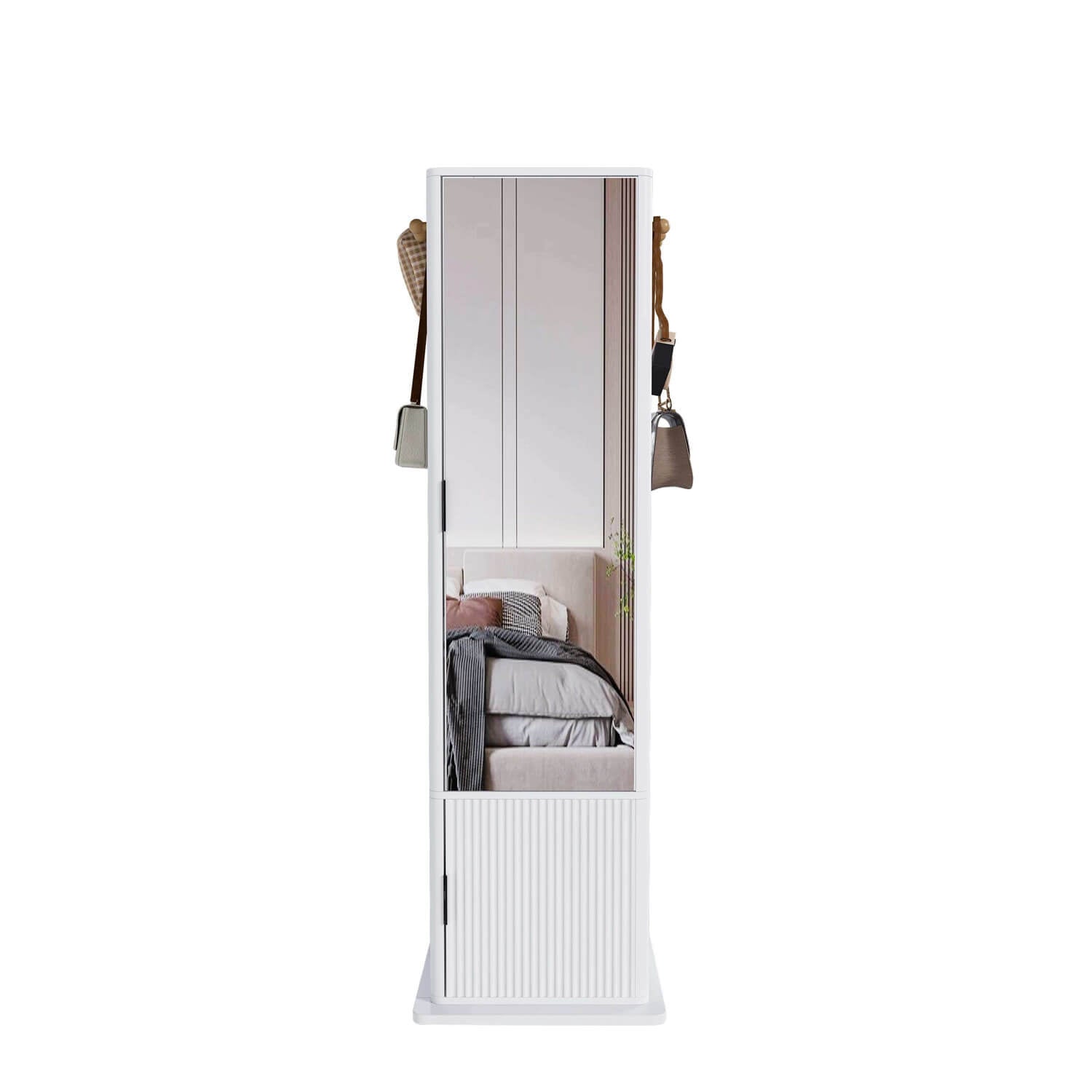 Front view of white swivel mirror cabinet reflecting bedroom