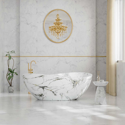 Front view white freestanding bathtub with gray marble pattern