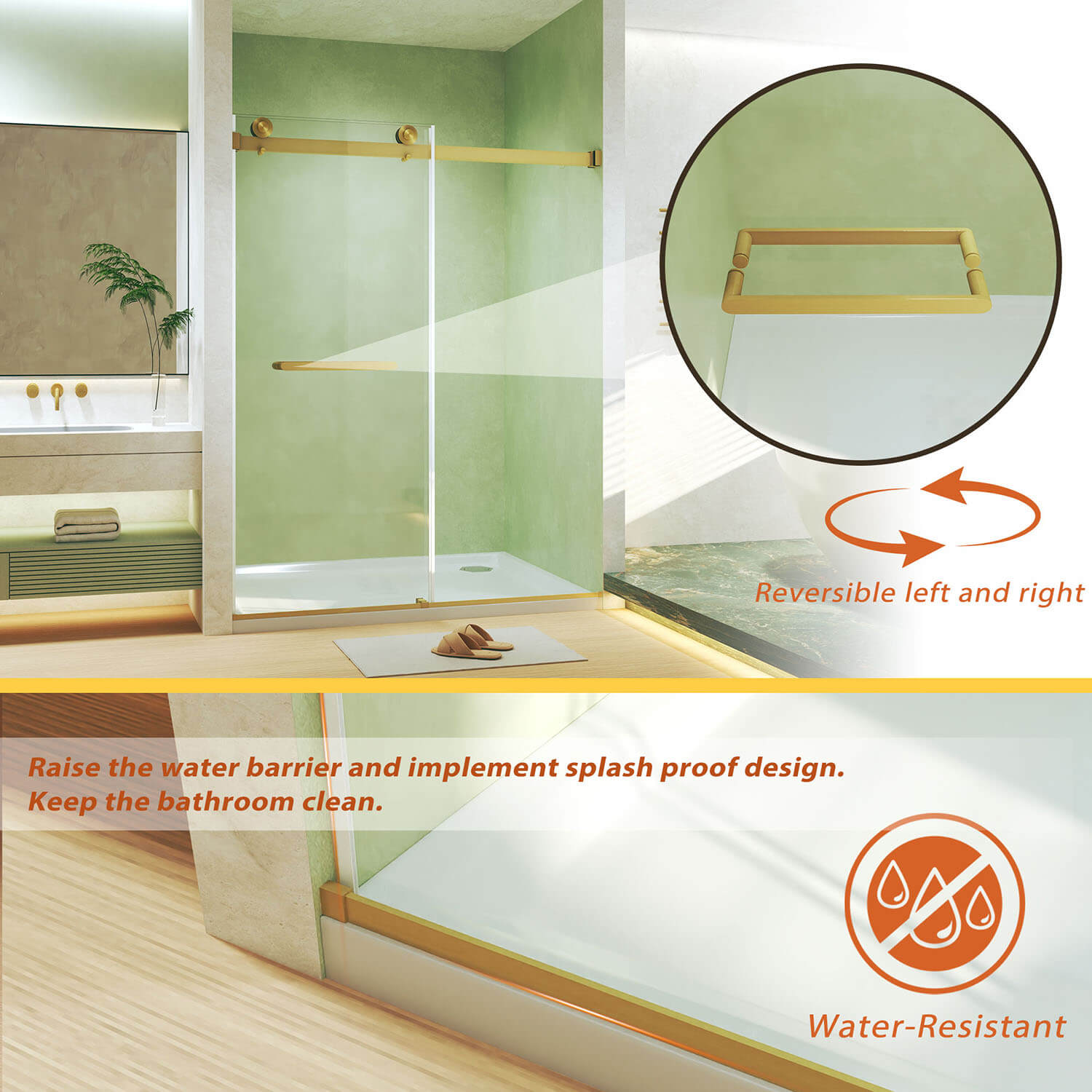 Full-Length Waterproof PVC Seals on Brushed Gold Frameless Shower Enclosure