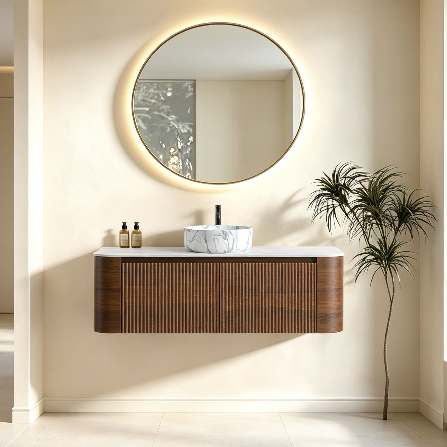Full Room View 48 inch Walnut Floating Bathroom Vanity Round LED Mirror