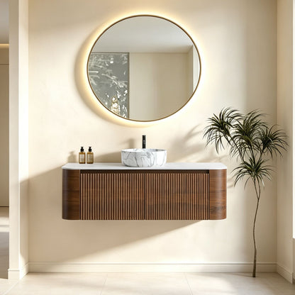 Full Room View 48 inch Walnut Floating Bathroom Vanity Round LED Mirror