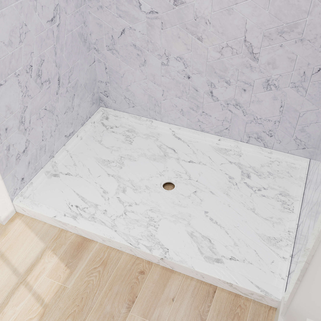 Full product view of elegant 48x32 inch marble pattern acrylic shower tray