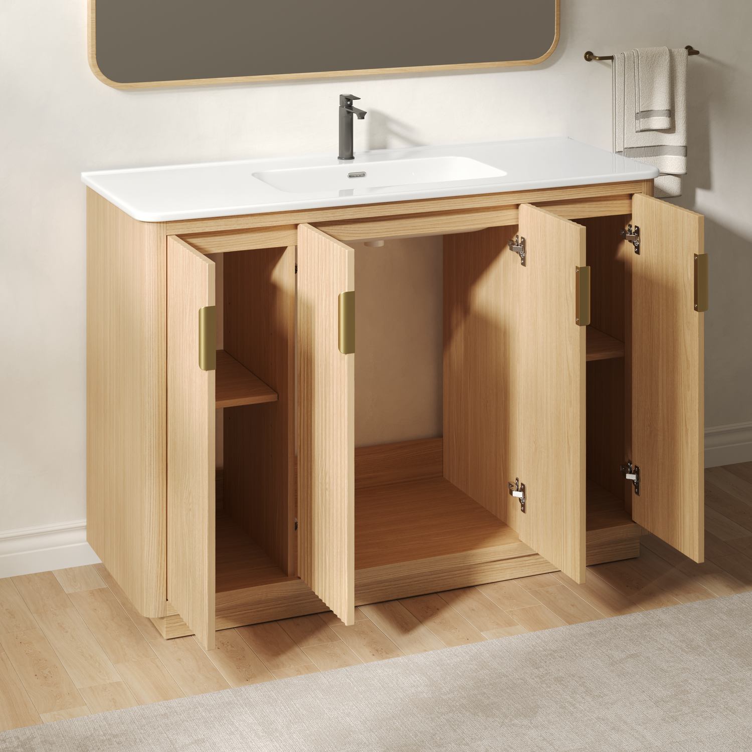 Fully Open Doors 48 inch Wooden Bathroom Vanity Cabinet Ample Storage Space