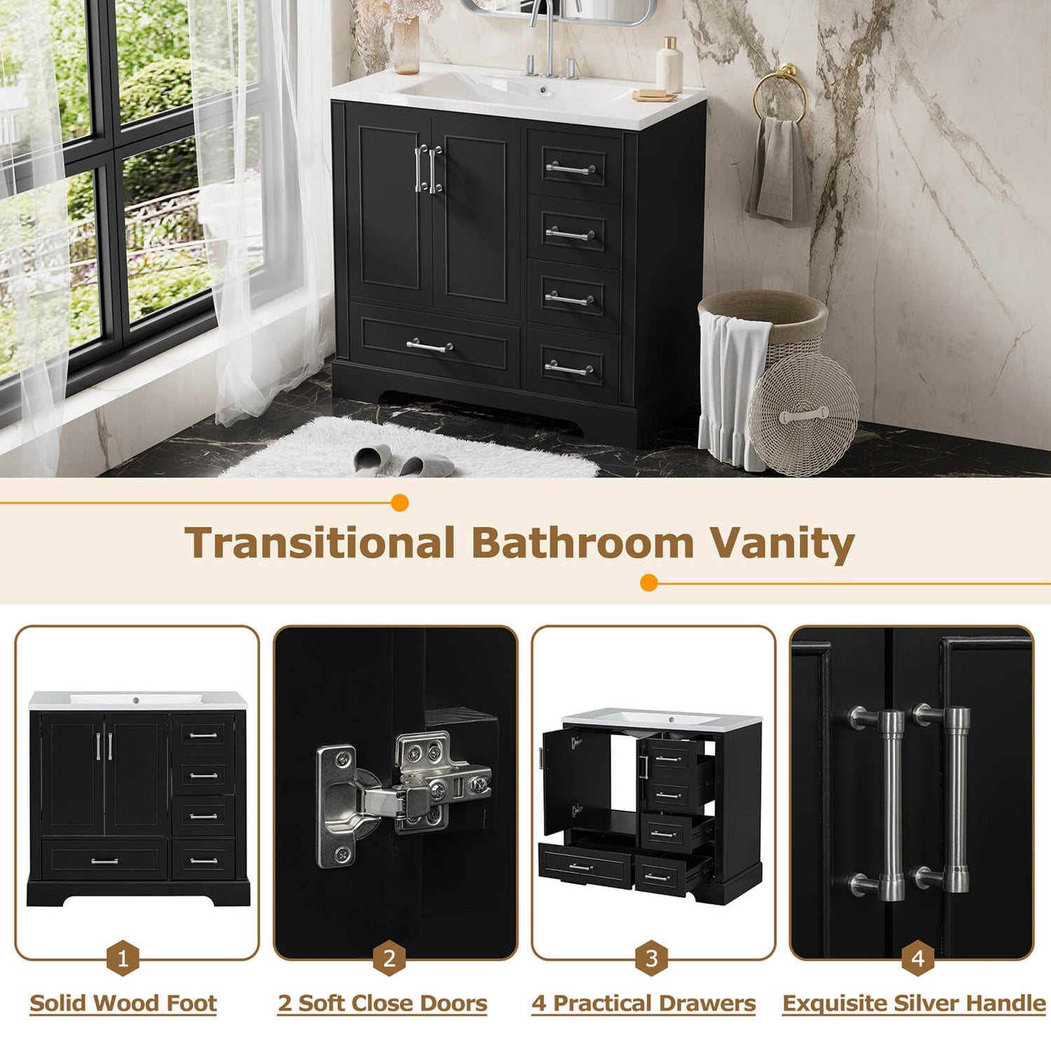 Functional diagram of the various parts of a 36-inch traditional black bathroom vanity with resin sink