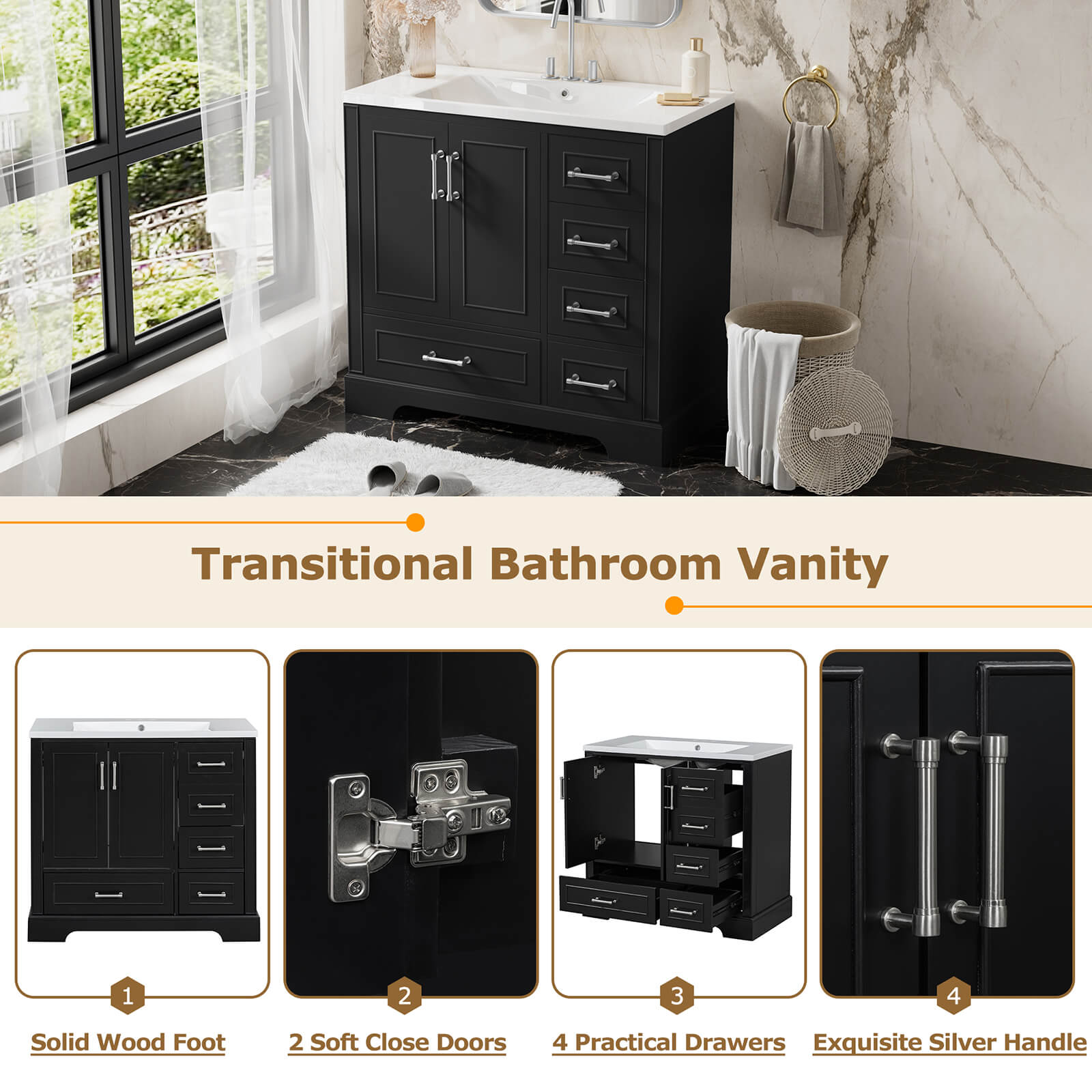 Functional diagram of the various parts of a 36-inch traditional black bathroom vanity with resin sink