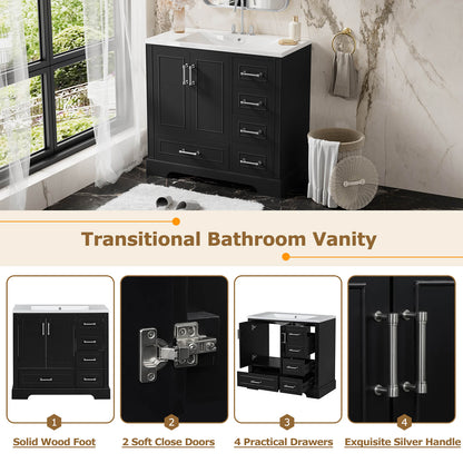Functional diagram of the various parts of a 36-inch traditional black bathroom vanity with resin sink