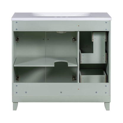 Functional storage space in light grey-green vanity