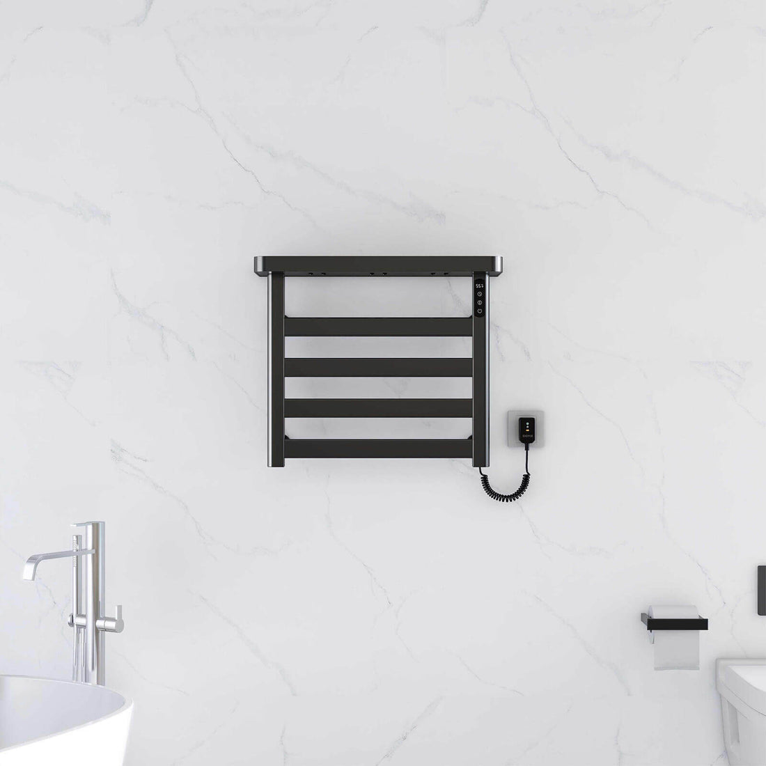 G50 Black Plug-In Heated Towel Rack displayed in a bathroom