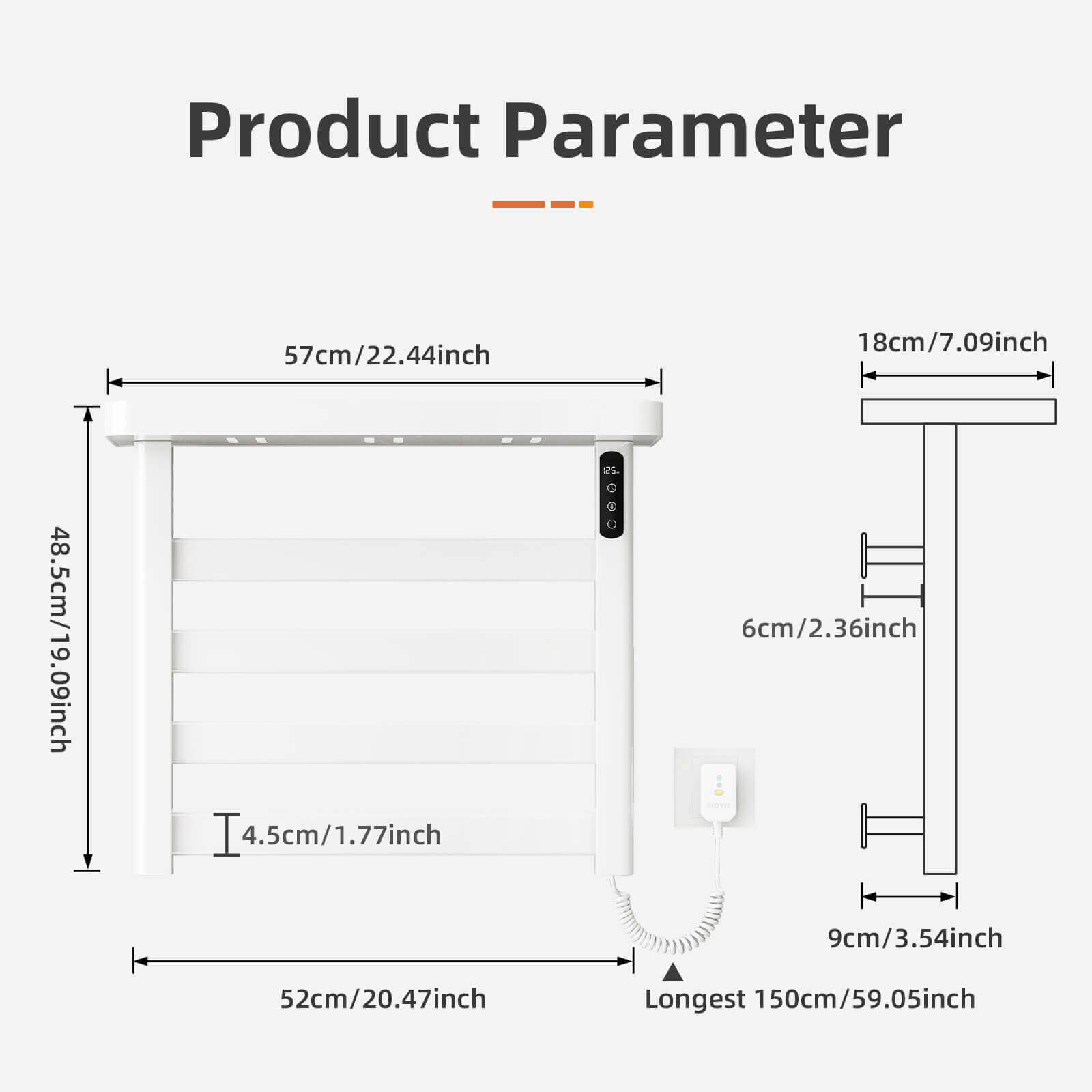 G50 White Plug-In Heated Towel Rack Overall Dimensions Specifications