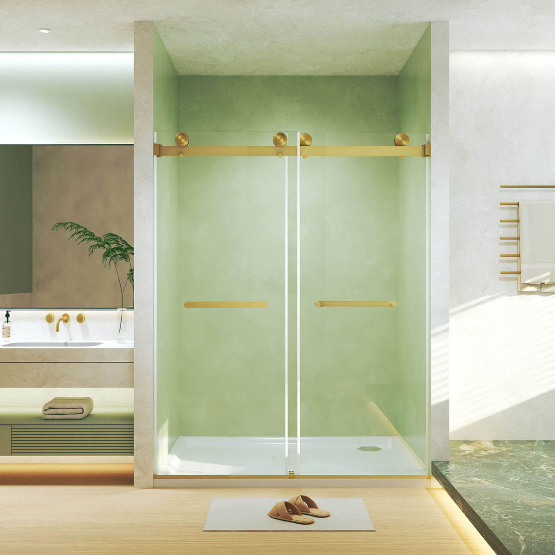Giving Tree 56-60 inch W x 74 inch H Frameless Double Sliding Shower Door in Brushed Gold