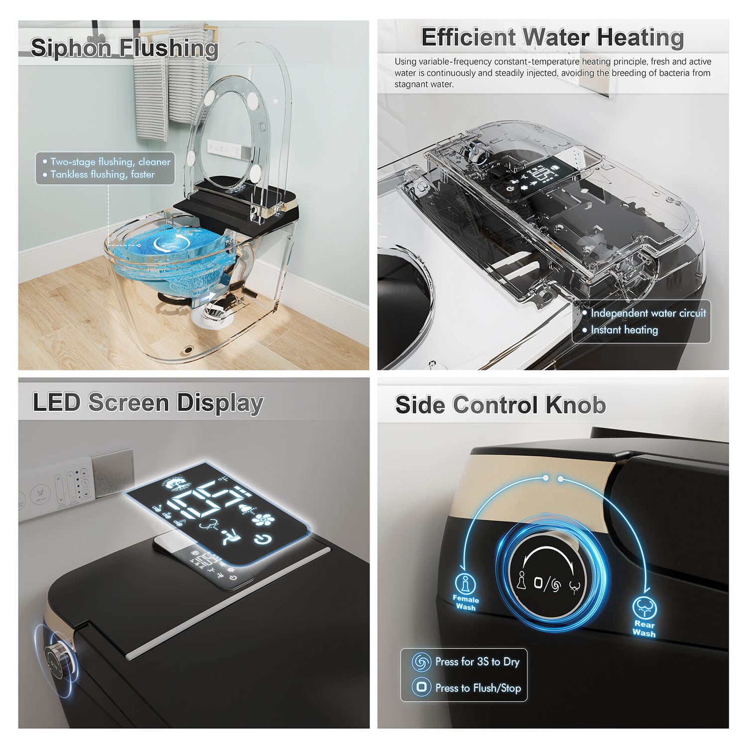 Giving Tree Elongated Black Smart Toilet with Remote Control and Automatic Cover