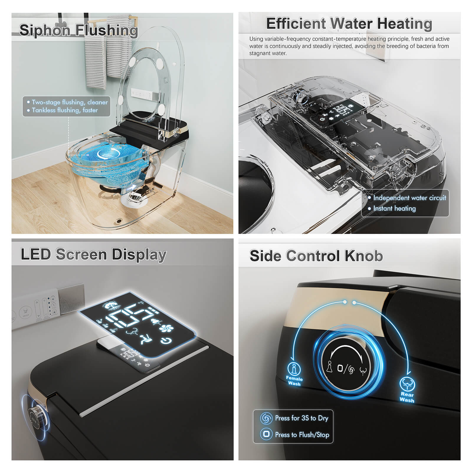 Giving Tree Elongated Black Smart Toilet with Remote Control and Automatic Cover