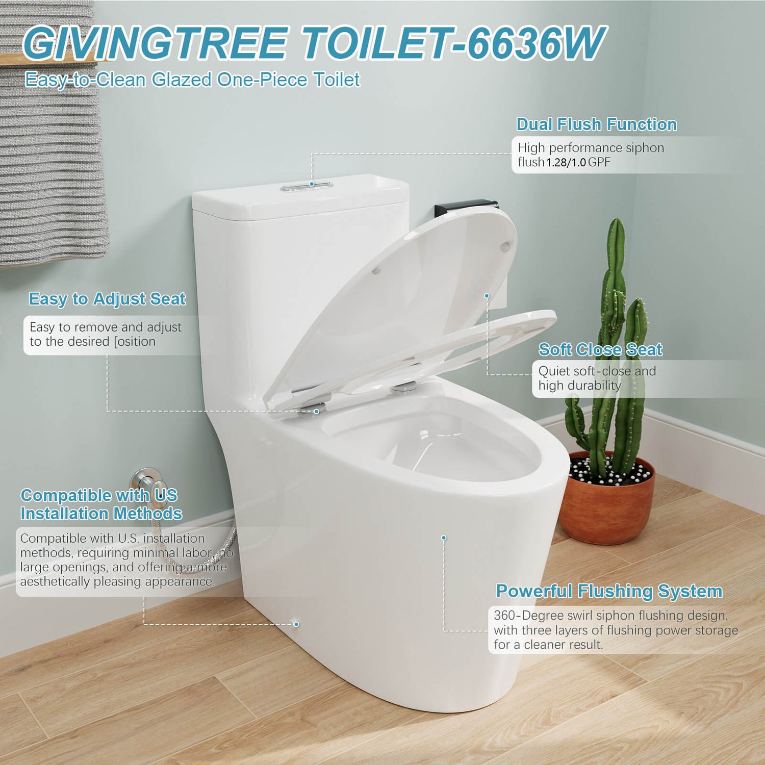 Giving Tree Toilet One-Piece Floor Mount Toilet with Soft Close Seat